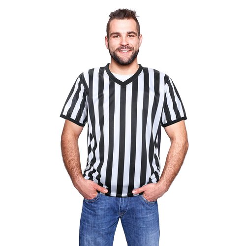 SATINIOR Men's Official Uniform Black and White Stripe Pro-Style Neck Referee Shirt, Officiating Umpire Jersey and Stainless Steel Whistle with Lanyard for Halloween Basketball Football Soccer(XL)