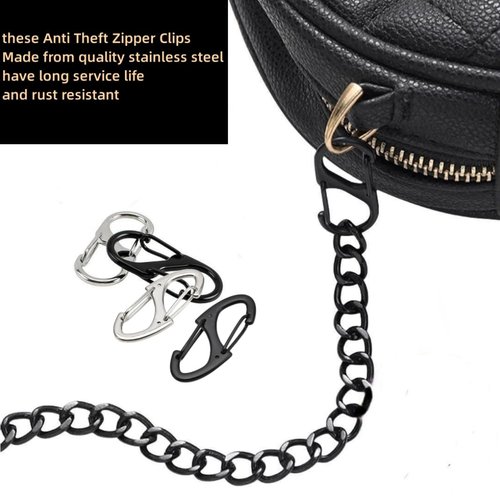 4-Pcs Stainless Steel S Shaped Carabiner Clips, Anti Theft Zipper Locking Clips for Tent, Purse, Backpack, and Luggage (Black 1.26 x 0.55 Inch)