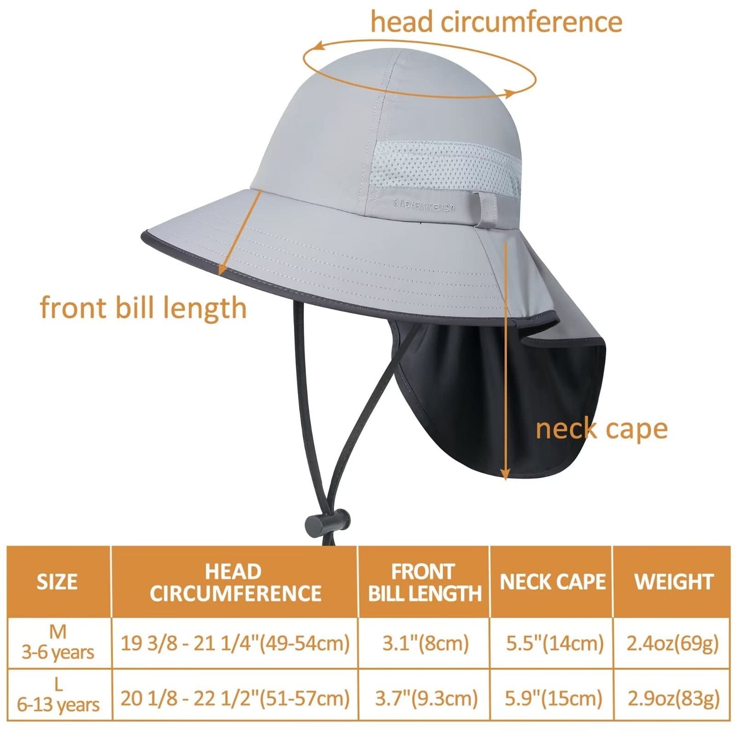 GADIEMKENSD Kids Sun Hat with Neck Flap Wide Brim Bucket Hats for Boys Girls Play Hat UPF 50+ Ultra-Light Sunhats for Beach Travel Fishing Camping Trip Light Gray 6-13 Years