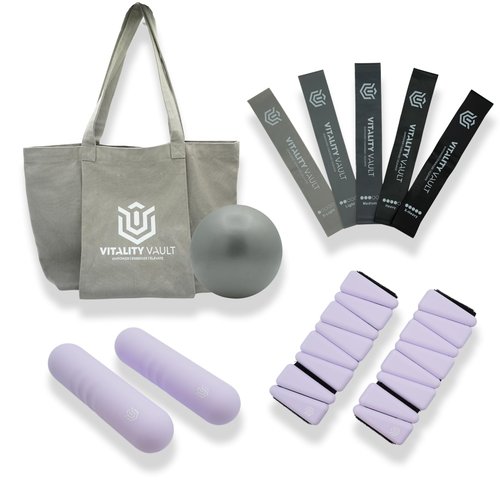 Vitality Vault Pilates Pro Power Pack - Pilates Essentials - 2.2lb Hand Weights, 2.2lb Ankle Weights/Wrist Weights, Resistance bands, Pilates Ball, Canvas Tote Bag - For Beginners or Advanced - Home or Gym/Studio Use. (Lavendar)