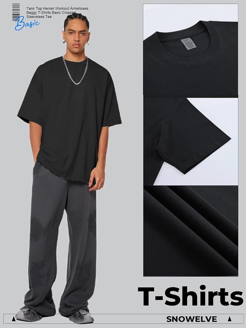 Men's Oversized Cotton Crew Neck T-Shirt - Short Sleeve Basic Tee, Black/Light Green/White, XL