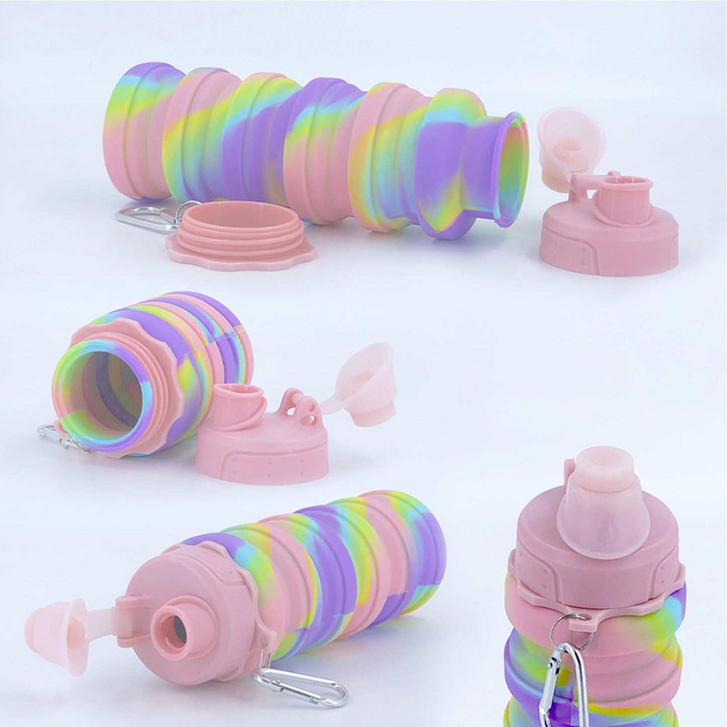 YCTMALL Collapsible Water Bottles Two Pack Travel Sports Portable Sport Water Bottle comes with mountaineering Buckle 500ml silicone Water-proof camping water bottle (Pink camouflage+Pink camouflage)