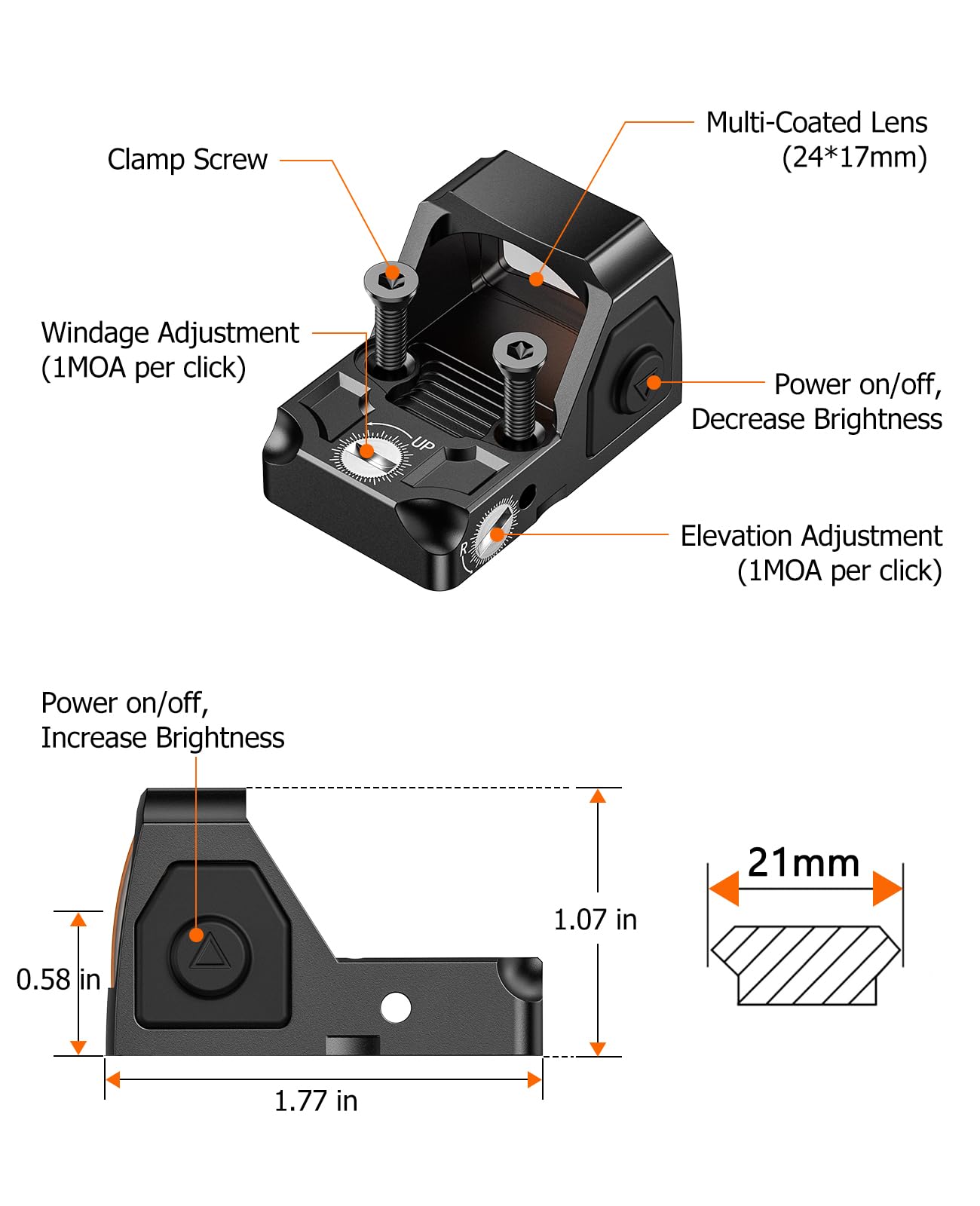 EZshoot Full-Sized Red Dot, Motion Awake Optic for Pistols, 2MOA Dot, 12 Brightness Adjustment Red Dot Scope, Suitable for RMR, Open Reflex Optics with Adapter Plate for MOS and 21mm Picatinny Base