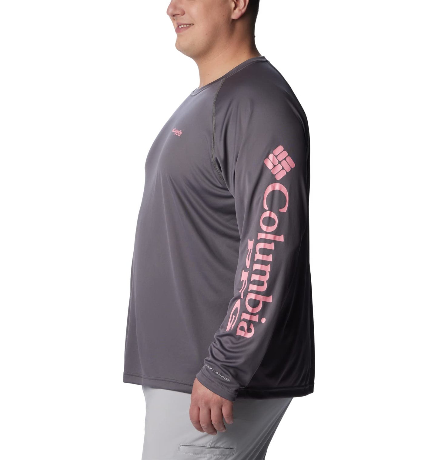 Columbia Men's Terminal Tackle Long Sleeve Fishing Shirt, City Grey/Pink Pop Logo, Small