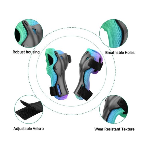 Kids Protective Gear Set Knee Pads for Kids 3-14 Years Toddler Knee and Elbow Pads with Wrist Guards 3 in 1 for Skating Cycling Bike,Biking, Roller Skates, Scooters (Green Blue Purple, M(8-14Years))