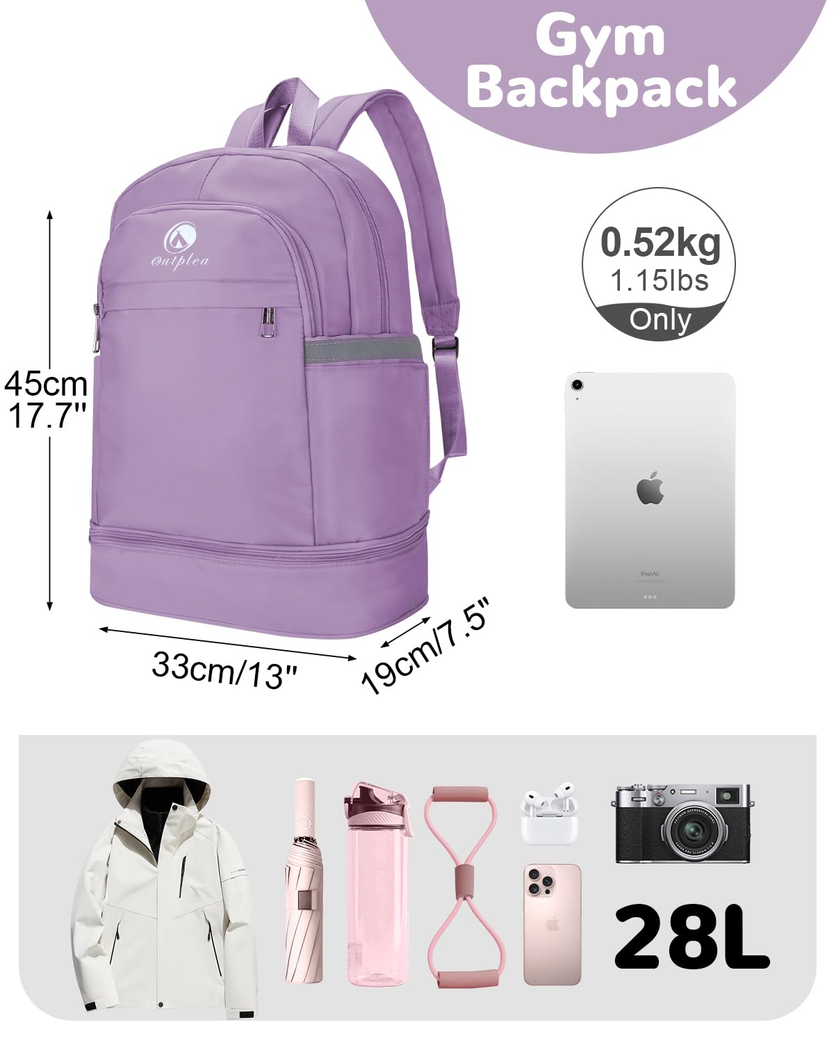 Outplea 28L Small Gym Backpack with Shoe Compartment for Women, Waterproof Sports Backpack with Wet Pocket, Purple