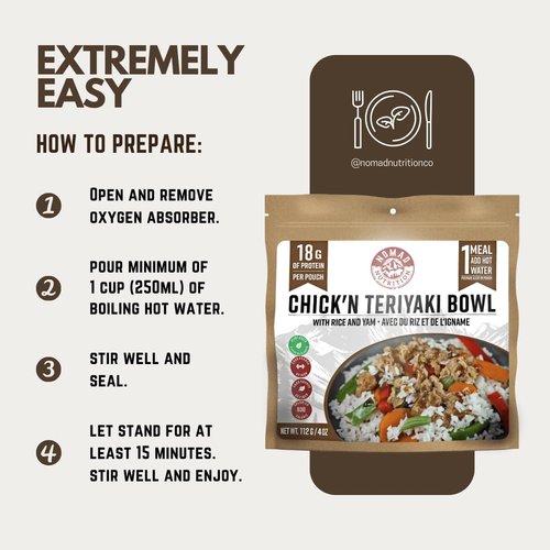 Nomad Nutrition Chick'n Teriyaki Bowl | Instant Freeze Dried Backpacking & Camping Food | Plant-Based, Non-GMO Hiking Meals with High-Energy, Vegan | 112g - 1 Pack