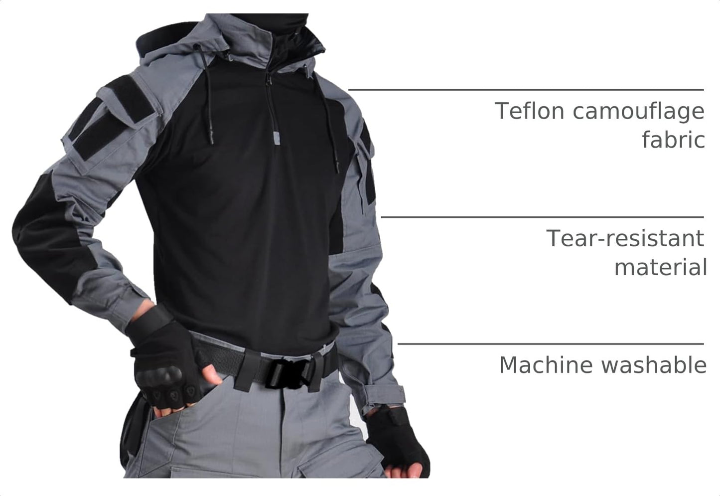 HAN·WILD Men's Tactical Shirt 1/4 Zip Long Sleeve Combat Airsoft Shirts with Elbow Pads Military T-Shirt with Hood