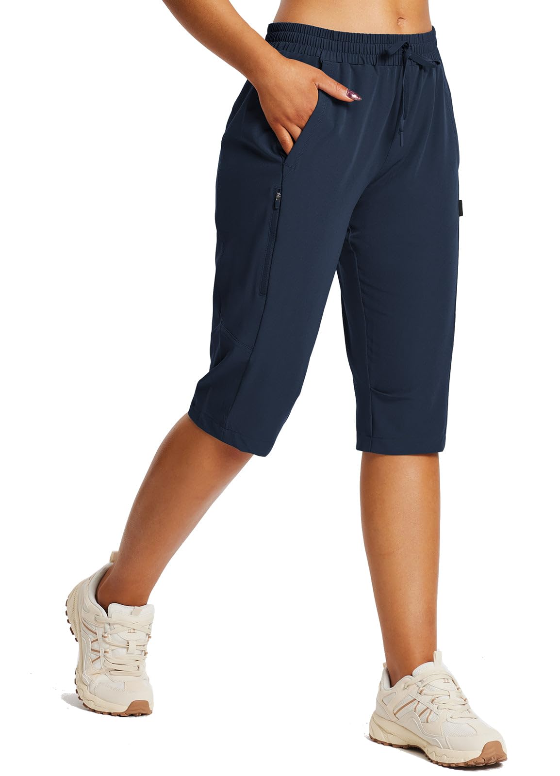 baleaf Women's Below Knee Hiking Shorts Quick Dry Lightweight Capris with Zipper Pockets UPF 50+ for Summer Travel Outdoor Dark Blue XL