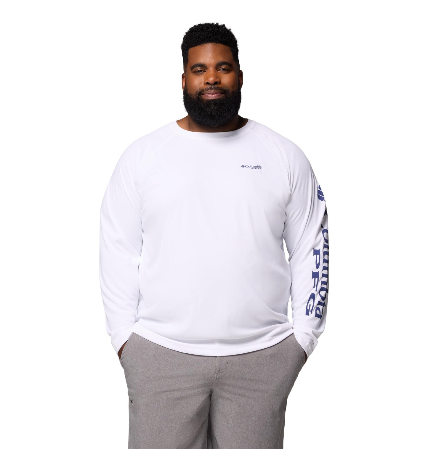 Columbia Men's PFG Terminal Tackle Long Sleeve Fishing Shirt, White/Nightshade Logo, 5X