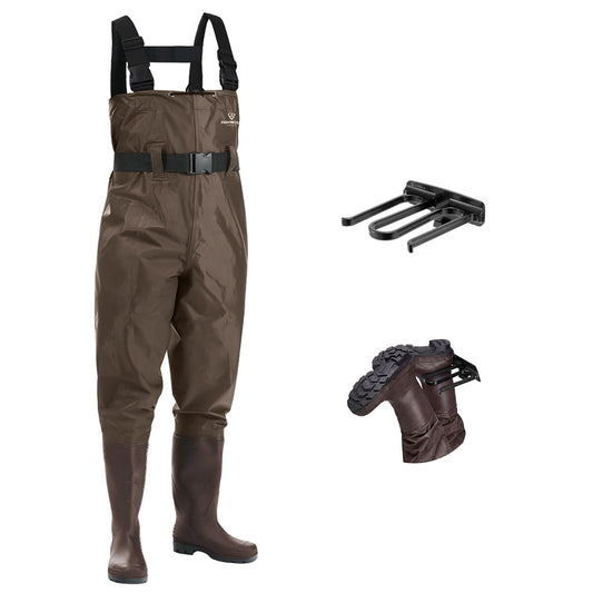 FISHINGSIR Fishing Waders for Men, 2-Ply Nylon/PVC Waterproof Women Chest Wader with Boots, Bootfoot Hunting Waders Brown