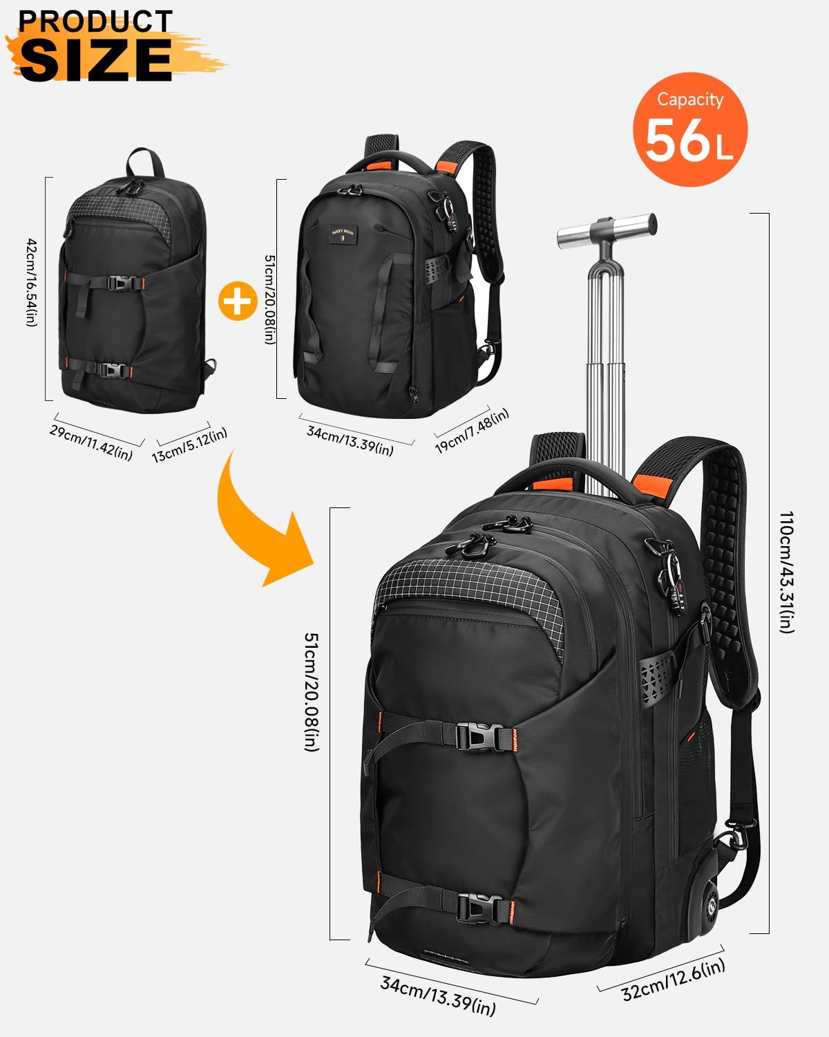 Rolling Backpack, 56L Large Backpacks with Wheels-Splits into Daypack & Laptop Backpack Fits 17 Inch Laptop,Water-Resistant & Carry-On Friendly for College,travel,camping,Weekender Hiking Black