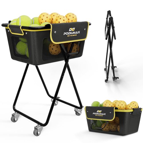 PodiuMax Pickleball Tennis Ball Hopper, Holds 180 Tennis-Balls or 150 Pickle Balls, Foldable Pickleball Caddy for Men Women Teen, Waterproof Tennis Ball Basket for Learners & Coaches