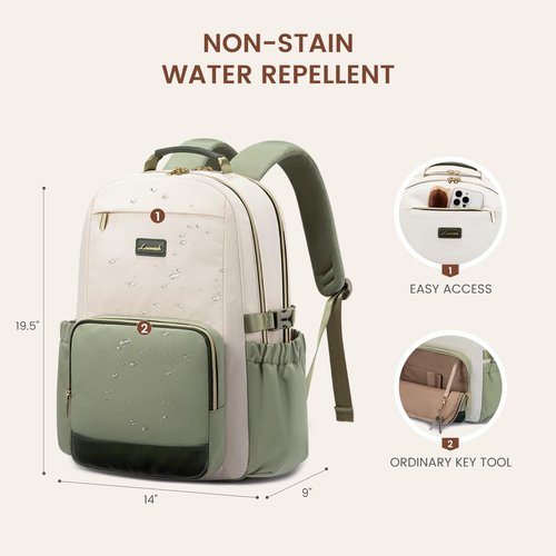 LOVEVOOK Laptop Backpack for Women with Pouch Pocket for Large Capacity Cup,18 Inch Laptop Computer Bag Travel Backpack Purse,Waterproof Work College Teacher Bags,White-Bean Green-Dark Olive Green