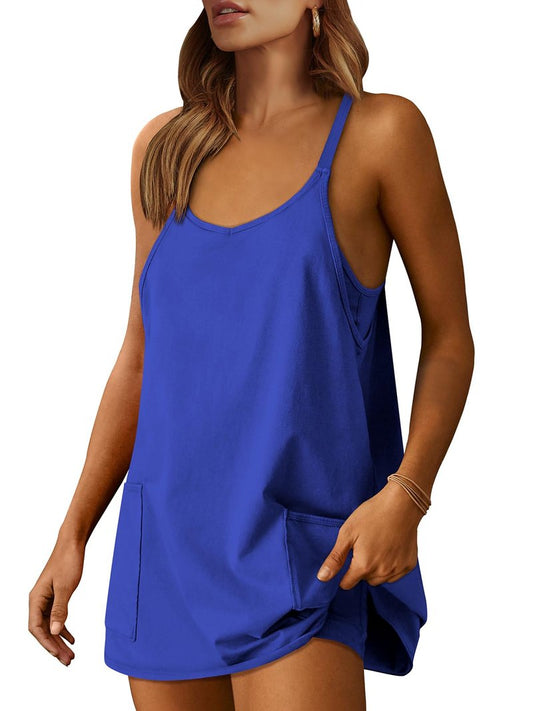 ANRABESS Women Athletic Dress Summer Tennis Workout Active Sports Mini Romper Dress Built in Shorts Travel Vacation Clothes Royal Blue Large