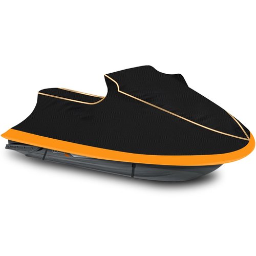 CoukouCover Jet Ski Cover, Heavy Duty Waterproof Jetski Covers, 3 Seater PWC Cover with Reflective Strips and Vents for Seadoo Yamaha Kawasaki Polaris, Fits Lengths from 126-135” (Black&Orange)