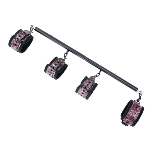 Heavy Duty Stainless Steel Expandable Black Spreader Bar with 4pcs PU Black-Pink Skull Pattern Detachable Adjustable Straps,Workout Bar for Home Indoor Gym Training Kit