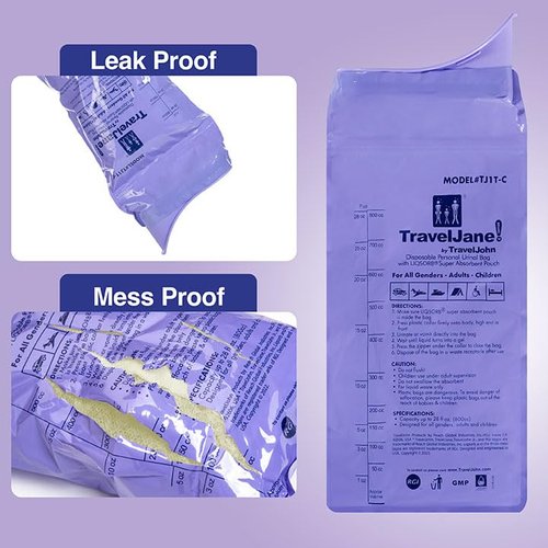 TravelJane Resealable Disposable Urinal for All Genders, Adults, and Children (18 Pack) Designed for Emergencies, Travel, Camping, Long Car Rides and More - 28oz/800ml Capacity (TJ1T-C)