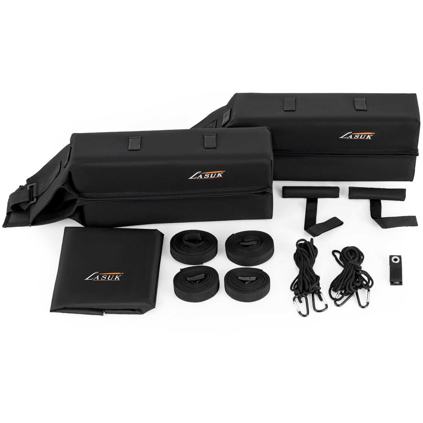 LASUK Universal Soft Roof Rack Pads for Kayak SUP Surfboard Snowboard Canoe, Heavy Duty Car Roof Rack System with 2 Tie Down Straps, 4 Quick Loop Straps, 2 Hood Loops, Tie Down Ropes and Storage Bag