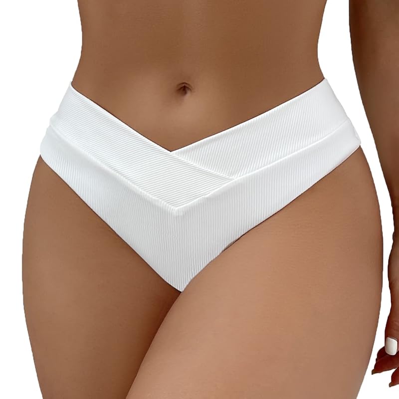 SherryDC Women’s V Cut High Waisted Bikini Bottoms - White, Medium