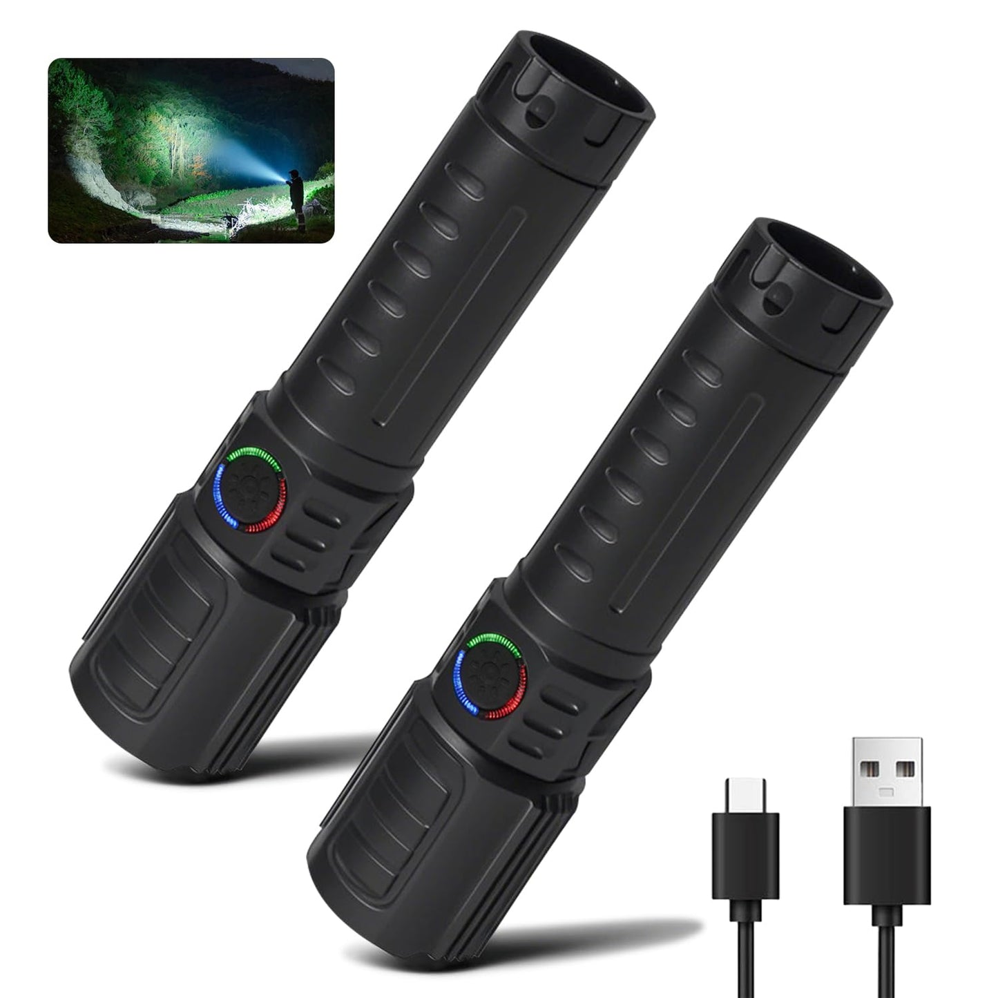 Puyinii LED Tactical Flashlight Rechargeable High Lumens 3 Modes 2 Pack