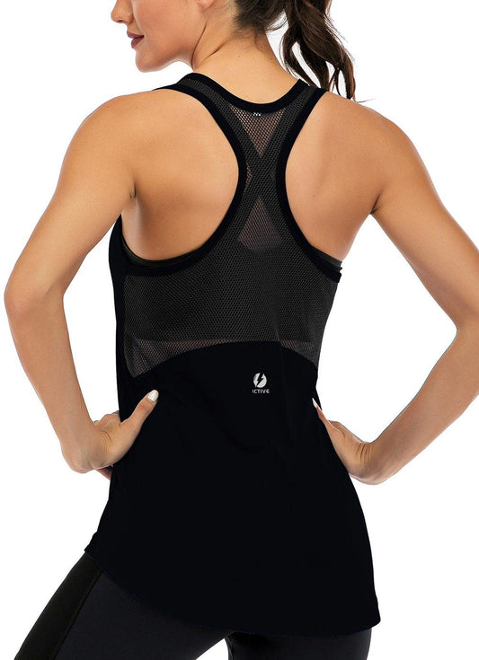 ICTIVE Workout Tank Tops for Women Sleeveless Yoga Tops for Women Mesh Racerback Backless Running Gym Shirts Black M