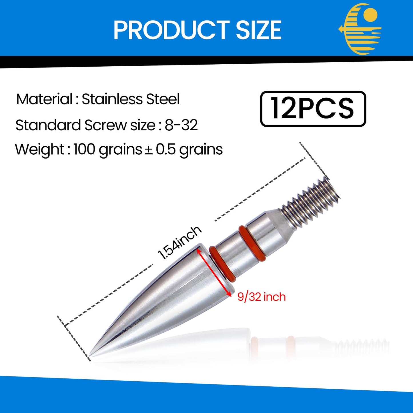 JGSDD 12pcs Archery Field Points, 100/125/150/300 Grain Field Points, Screw-in Archery Field Broadheads for Recurve, Compound Bow Crossbow, Archery Target Crossbow Practice Tip (9/32-100grain)