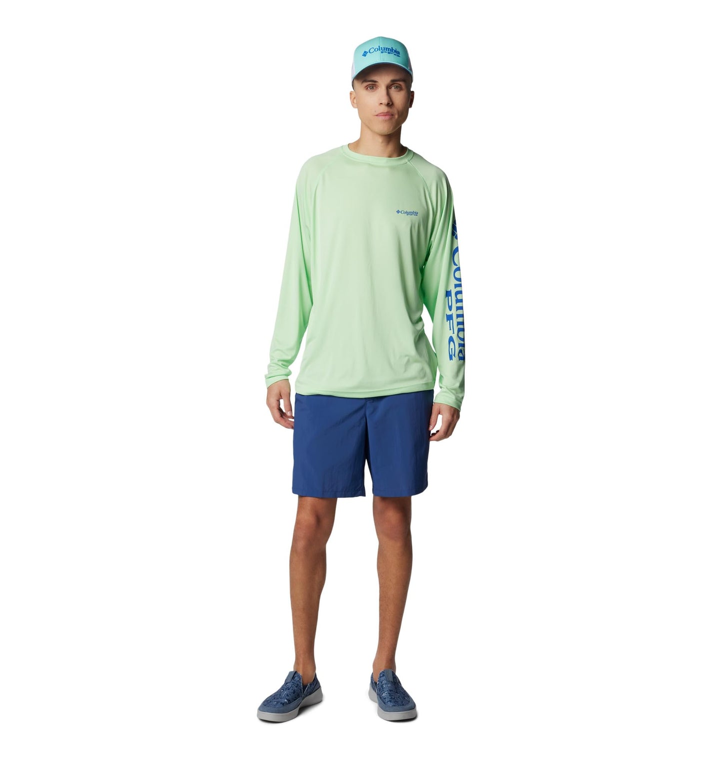 Columbia Men's PFG Terminal Tackle Long Sleeve Fishing Shirt, Key West/Vivid Blue Logo, Large Tall