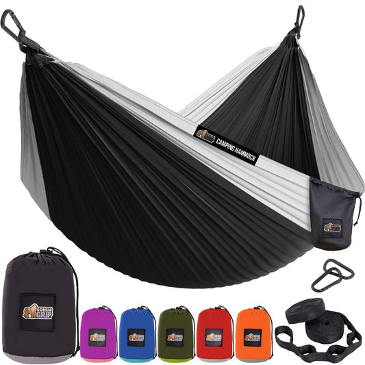 GORILLA GRIP Durable Camping Hammock with Heavy Duty Tree Straps, Portable Hammocks for Outside, Easy to Use Travel Swing Chair, Outdoor Camper Hiker Essentials, Backpacking Gear Gifts, Double, Black