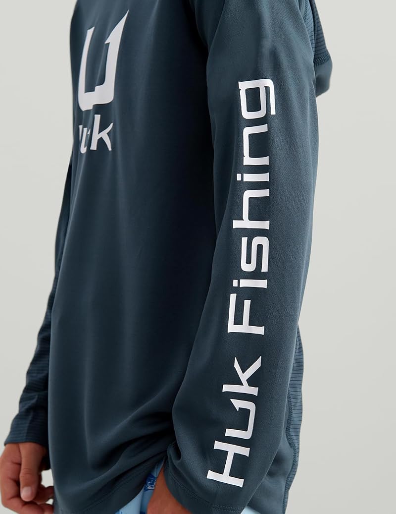 HUK Kids Icon Hoodie Fishing Shirt with Sun Protection — Sea Storm, Medium