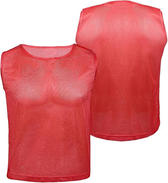 Kids Breathable Mesh Soccer Vests & Pennies Set - 9 Red & 9 Blue, Ages 5-10