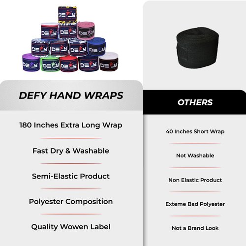 DEFY Professional 180 Inch Hand Wraps for Boxing Muay Thai MMA Elastic Bandages for Men & Women -Pair (Black)