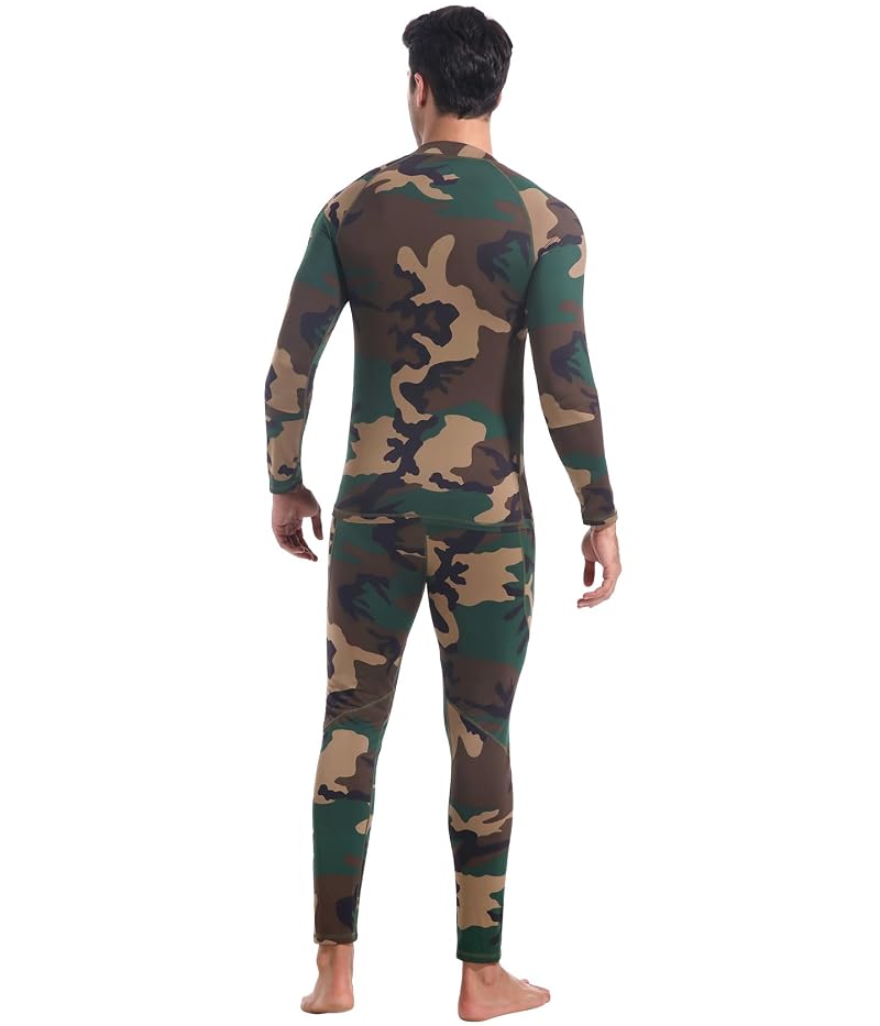 Men's Thermal Base Layer Set - Long Johns, Fleece 95% Polyester 5% Spandex, Camouflage Green, Large