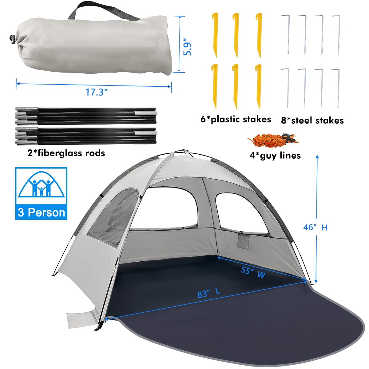WhiteFang Beach Tent Anti-UV Portable Sun Shade Shelter for 6 Person, Extendable Floor with 3 Ventilating Mesh Windows Plus Carrying Bag, Stakes and Guy Lines (Baby's Breath)