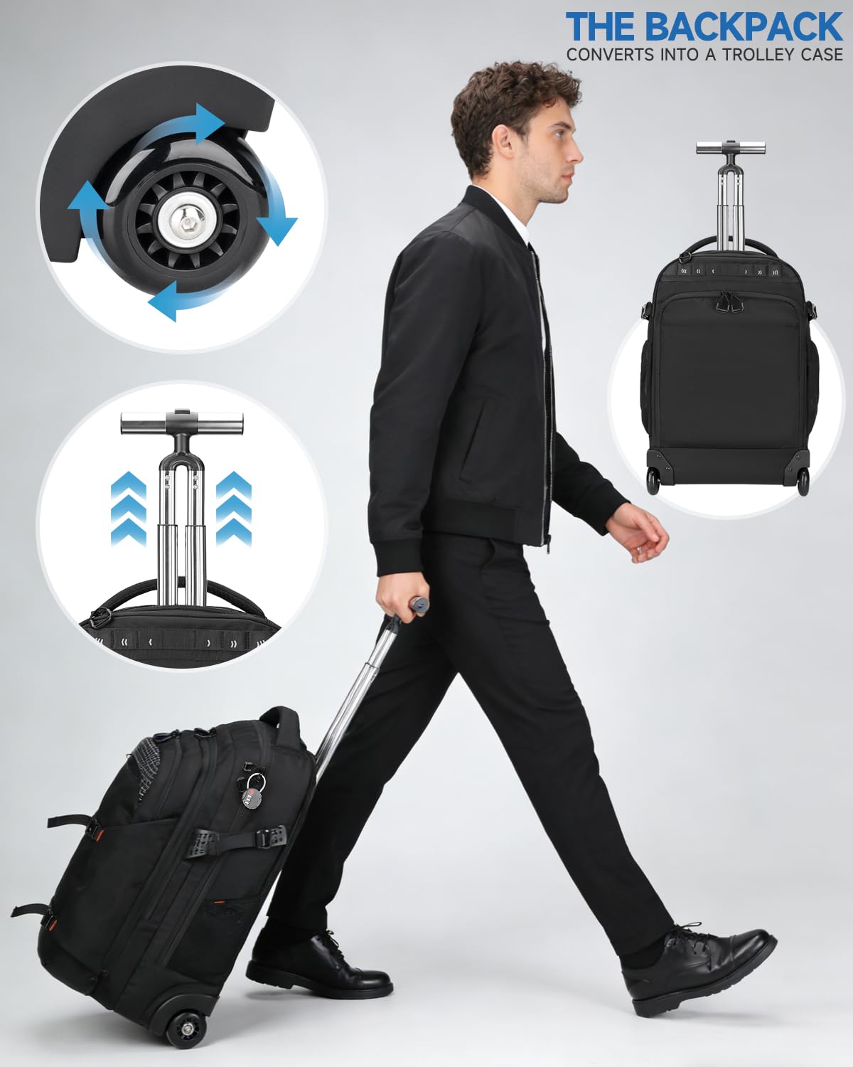 Rolling Backpack, 56L Large Backpacks with Wheels-Splits into Daypack & Laptop Backpack Fits 17 Inch Laptop,Water-Resistant & Carry-On Friendly for College,travel,camping,Weekender Hiking Black