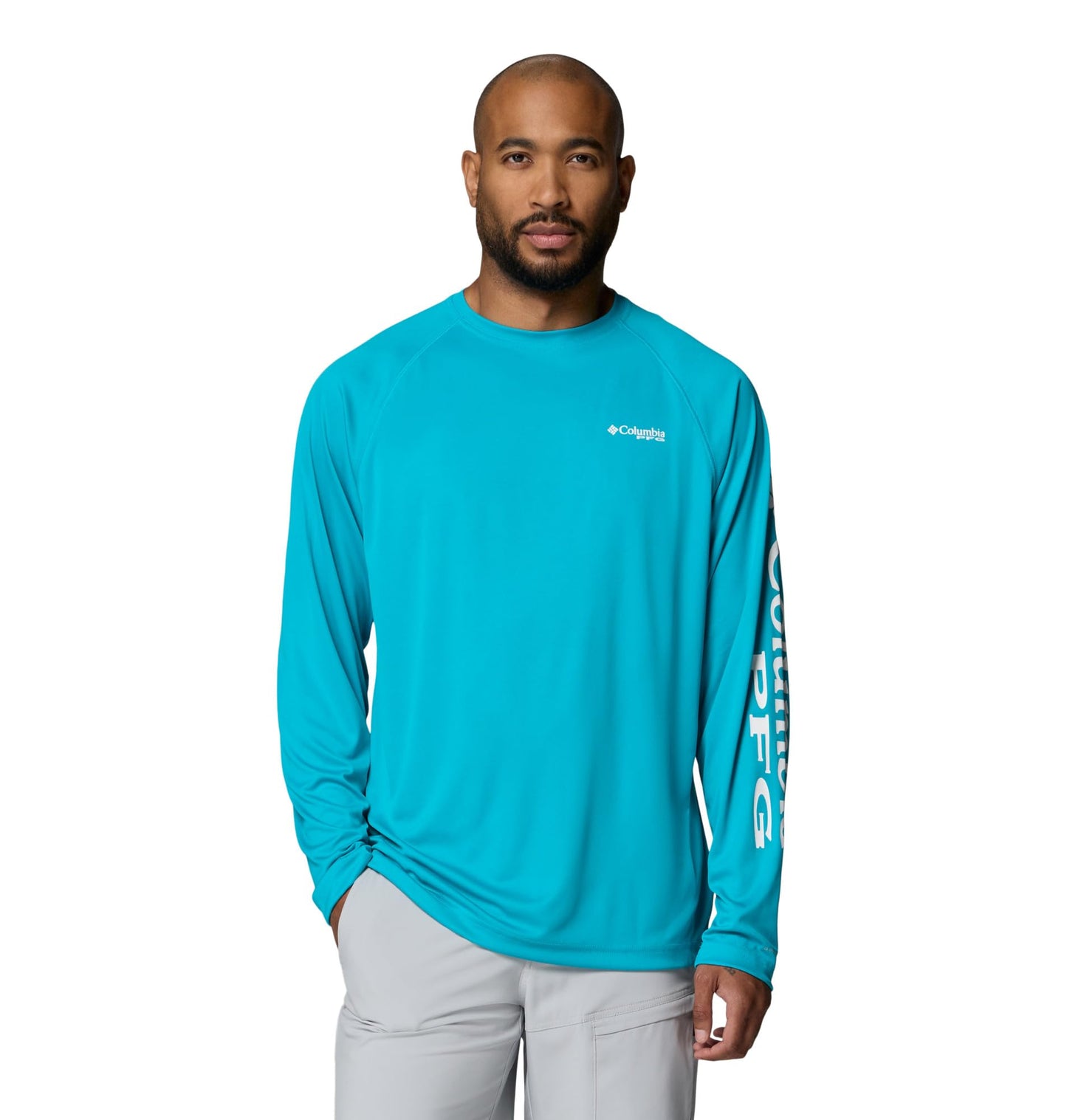 Columbia Men's PFG Terminal Tackle Long Sleeve Fishing Shirt, Ocean Teal/White Logo, 3X Tall