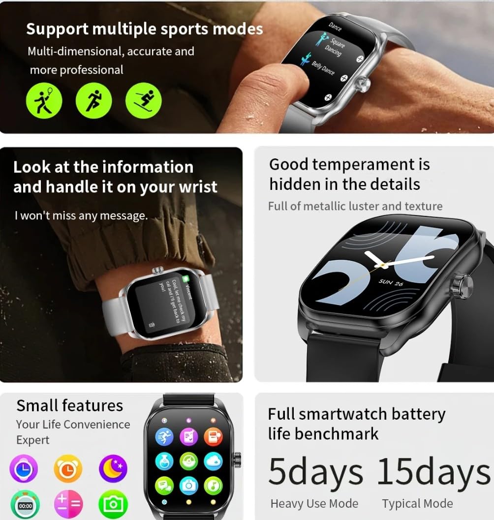 SENBONO JX629 Smart Watch with Curved Screen, Bluetooth Calling, Multiple Sports Modes, Heart Rate Monitor (Black, 2.01 Inches, Black)