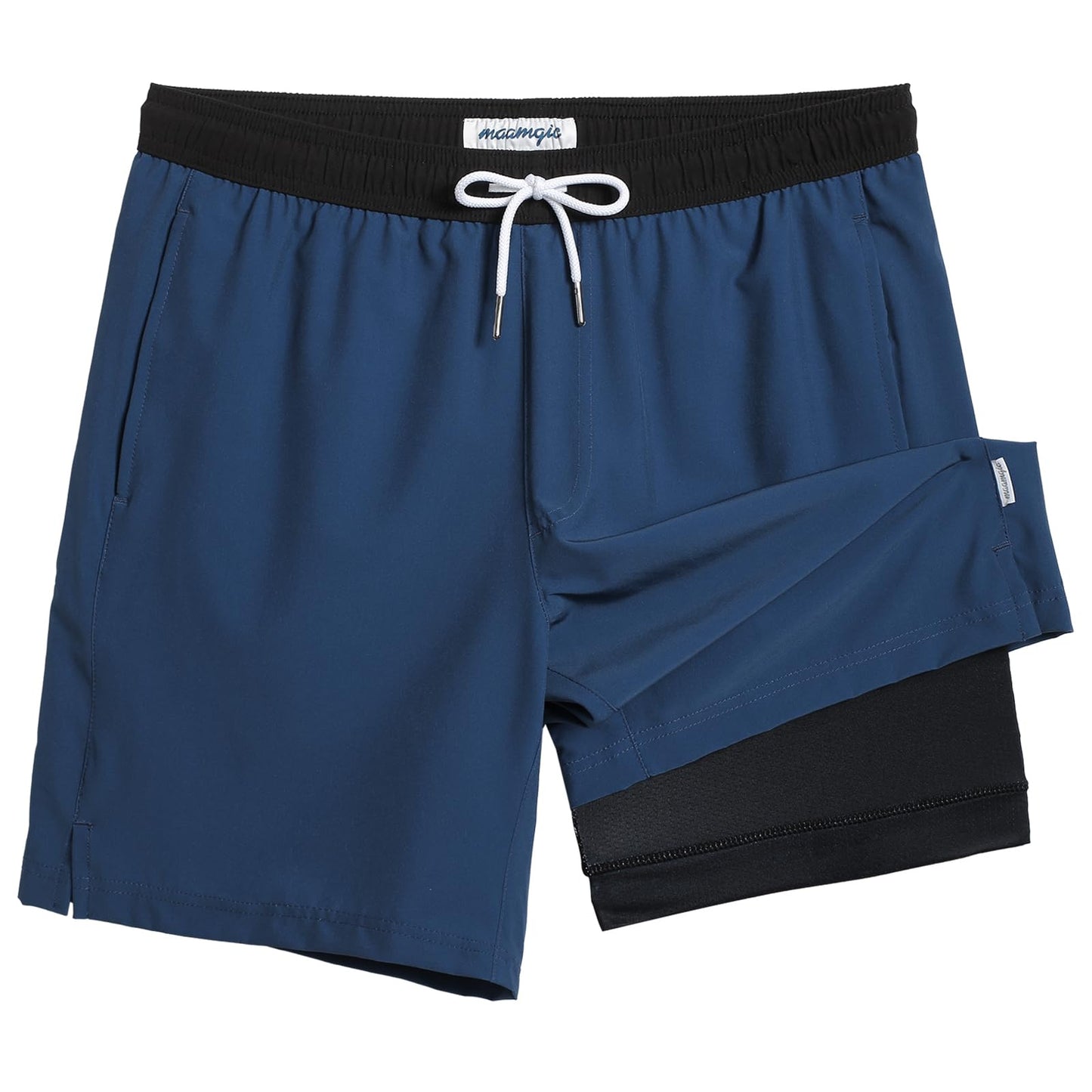 maamgic Mens Swim Trunks with Compression Liner 7 Inch Inseam Mens Bathing Suit Quick Dry Swimming Trunks Swimsuit Blue Grey and Black X-Large