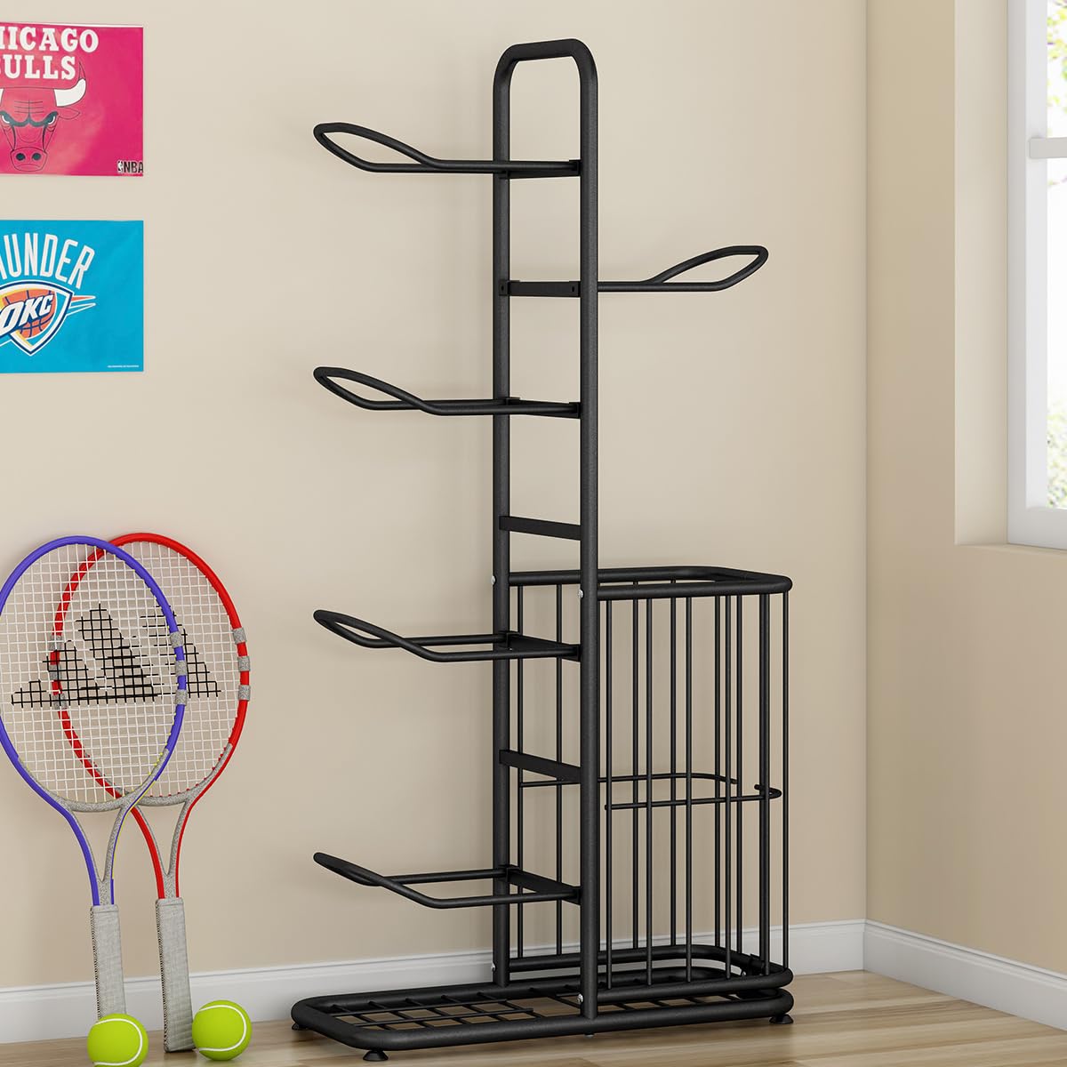 MLUPODY Sports Ball Storage Rack | Adjustable Vertical Stand for Basketball, Soccer, Volleyball & More | Durable Steel Organizer for Garage |5-Ball |45.7 inches, black