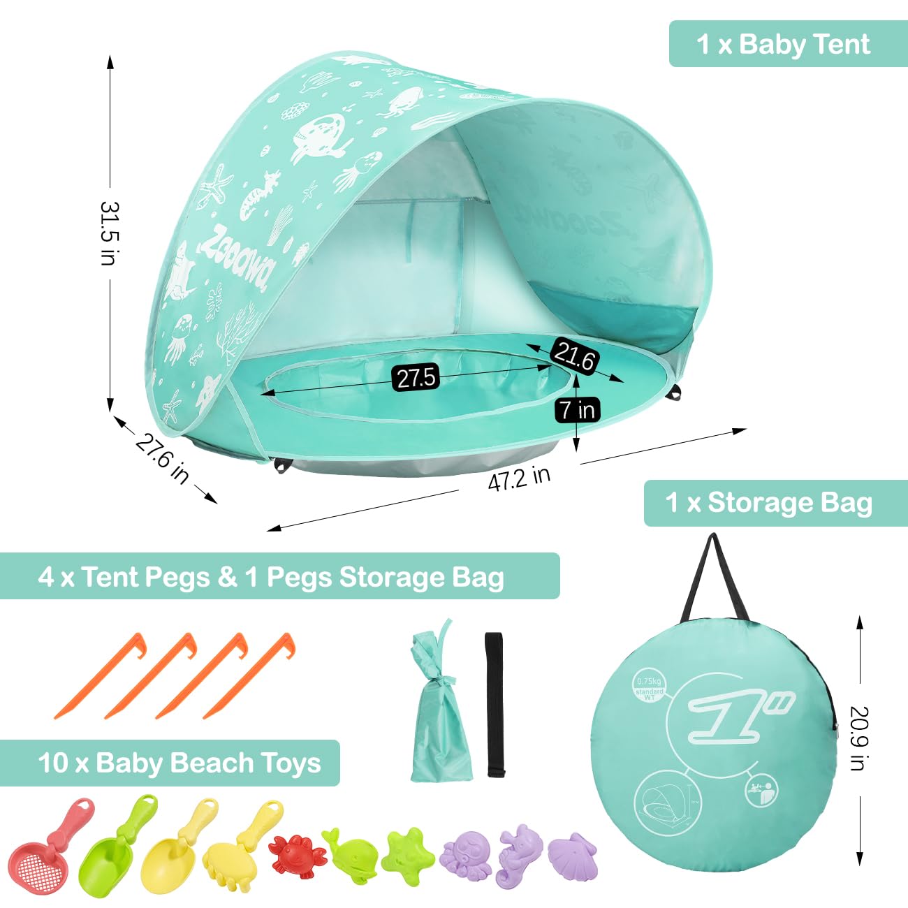 Zooawa Baby Beach Tent with Pool, Pop Up Beach Tent Sun Shade for Infant