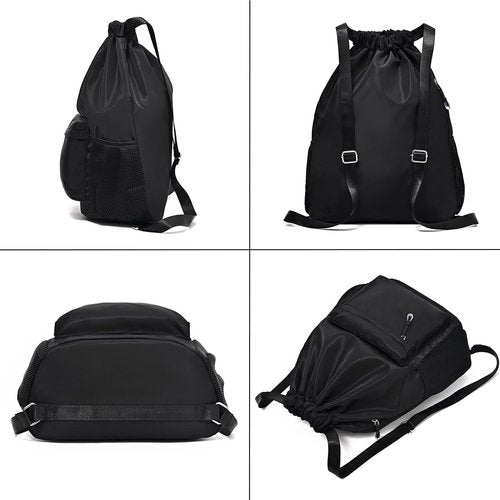 LOKAPEGY Black Drawstring Backpack for Women, Waterproof Drawstring Gym Bag for Men, Small Cinch Sack for Basketball, Pull String Sport Bag for Soccer.