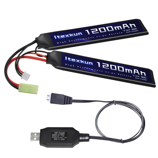 Itexkun 7.4V 1200mAh Lipo Battery 2S Airsoft Li-po Battery Small Tamiya Plug Rechargeable 30C High Discharge Rate with Charger for Airsoft Model Guns
