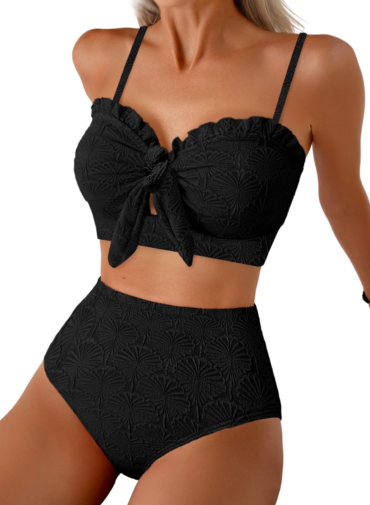 Herseas Women's Seashell Textured Black Bikini Sets Knotted Front High Waisted 2 Piece Swim Suit Ruffle Trim Slimming Bathing Suits Modest Cruise Essentials 2026 Medium