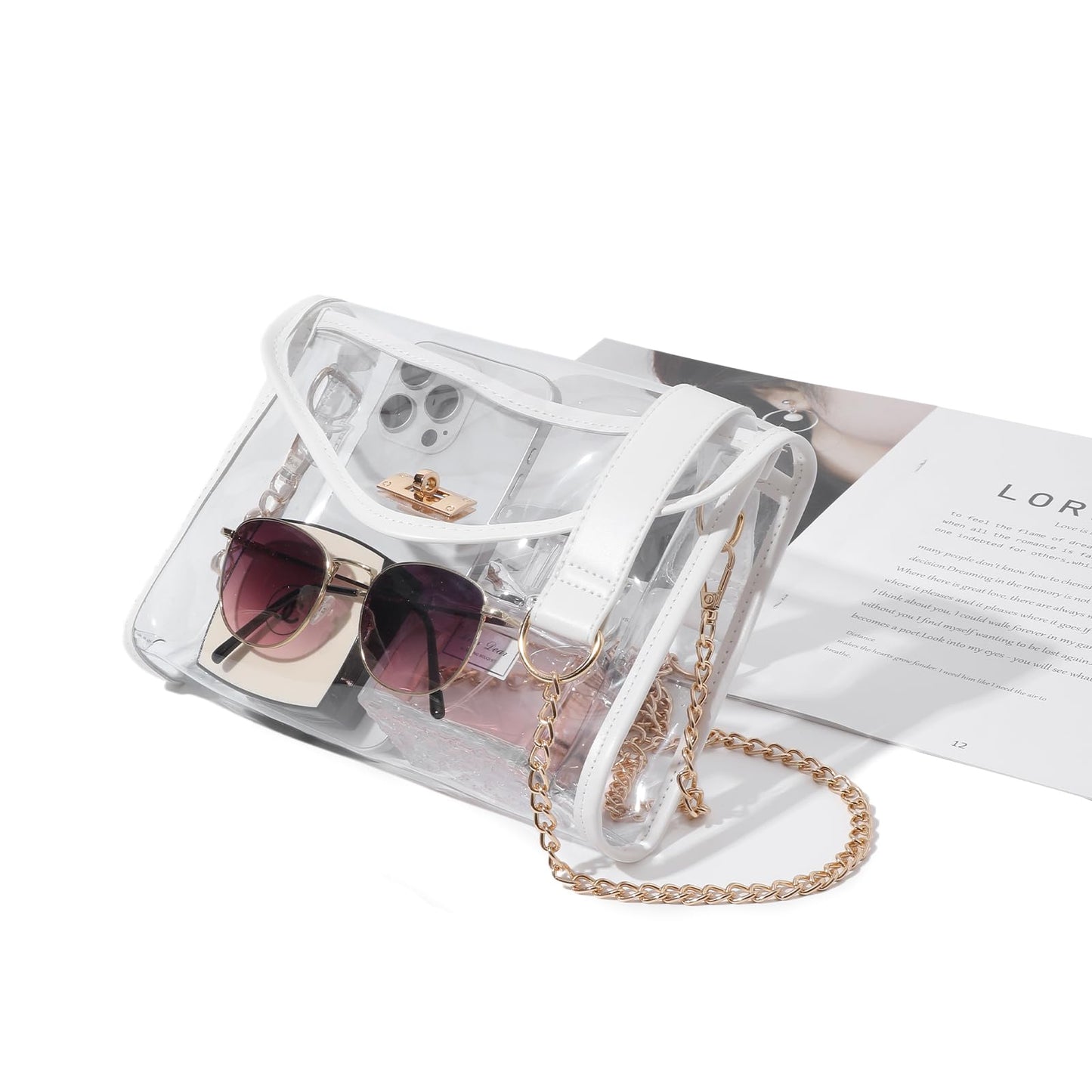 Bucosd Clear Purse for Women Stadium Approved, Clear Crossbody Bag with Leather Edging for Concert Sports events (White - Gold Chain with Shoulder Strap Pad)