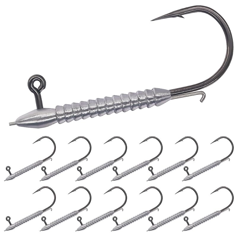Hover Rig Jig Heads 12-Pack 1/32oz–1/8oz 2X Strong Hooks, Front Spike & Bait Keeper for Bass (Variation: 1/16oz-1/0 12pk)