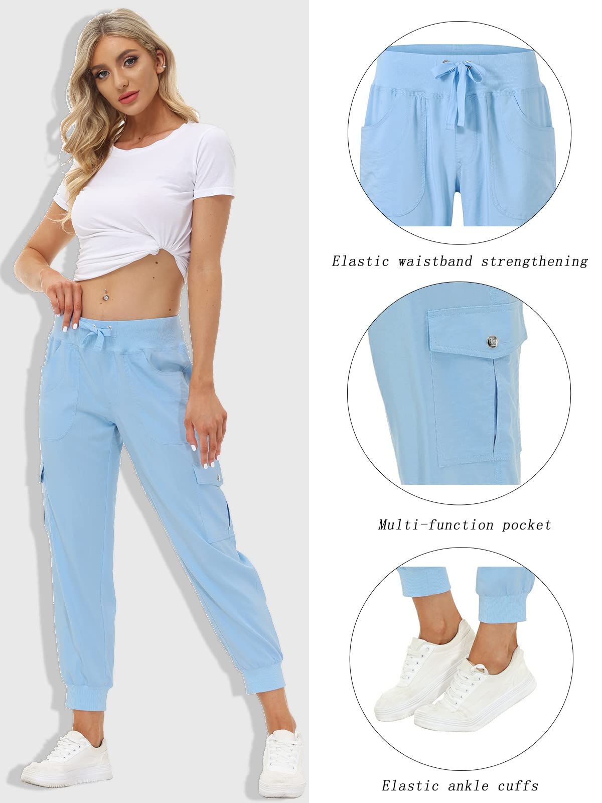MoFiz Summer Cargo Pants for Womens Quick Dry Outdoor Casual Travel Lounge Hiking Pant Running Joggers Sweatpants with Pockets Wathet 2XL