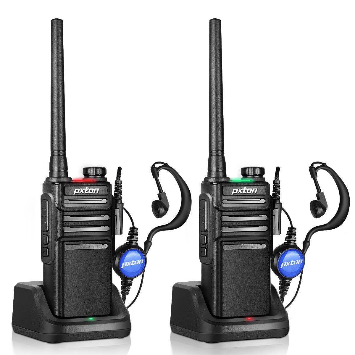 pxton 999S Rechargeable walkie talkies for Adults Long Range with Upgrade earpieces and Charger Dock,GMRS Handheld Two Way radios IP54 Waterproof 10 NOAA CH walkie Talkie (2 Pack)