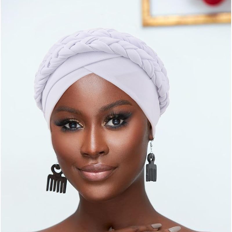 Knotted Head Wrap for Black Women - Double Twisted Braid Turban Beanie 1 Pack (White)