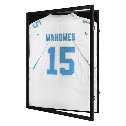 Tieeqe Jersey Frame Display Case-Jersey Display Shadow Box- Lockable Jersey Frame with 2 Wall Hangers and UV Resistant Acrylic-Display Case for Football Baseball Basketball Jersey-Black, Wood