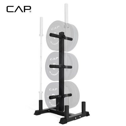 CAP Barbell Olympic Bumper Plate Tree Rack with 6 Weight Plate Posts and 4 Barbell Storage Holders – Heavy-Duty Steel Gym Organizer for Olympic Plates and Bars - Black